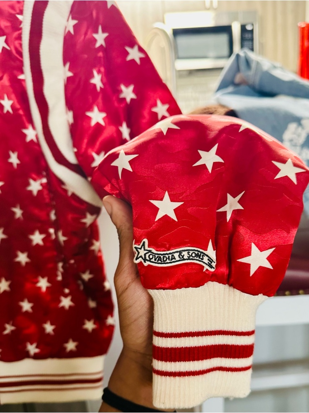 Men’s Red Star Print Bomber Jacket - Ovadia & Sons - Picture 2 of 3